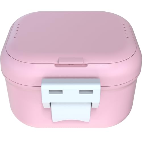 ARGOMAX Leak Proof Denture Bath Cup, Portable Soaking Denture Box, Denture Bath Case with Strainer, for Dentures and Braces, Upgraded Version with Storage Compartment (Pink + White).