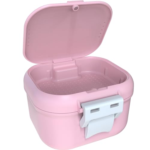 ARGOMAX Leak Proof Denture Bath Cup, Portable Soaking Denture Box, Denture Bath Case with Strainer, for Dentures and Braces, Upgraded Version with Storage Compartment (Pink + White).