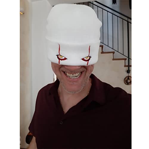 Suillty Unisex Winter Acrylic Knit Cuff Beanie Hat Clown Scary Eyes Embroidery Warm Winter Caps Halloween Hats for Adult Kids White