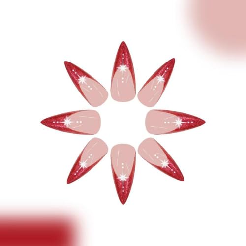 Red French Tip Press on Nails Glitter Fake Nails with Star Design Nude Glue on Nails Acrylic Full Cover Glossy Stick on Nails Long Stiletto False Nails for Women Manicure 24Pcs