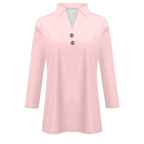 3/4 Sleeve T Shirts for Women,Polo Shirts for Women 3/4 Sleeve Button V Neck Polo Plain Business Fashion Cotton Casual Loose Fit Blouse Tops for Women Sexy Womens and Blouses (pink,XX)