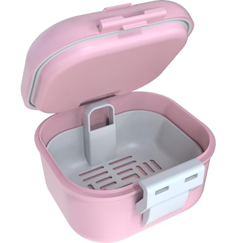 ARGOMAX Leak Proof Denture Bath Cup, Portable Soaking Denture Box, Denture Bath Case with Strainer, for Dentures and Braces, Upgraded Version with Storage Compartment (Pink + White).