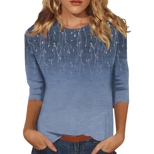 3/4 Length Sleeve Womens Tops 2024 Floral Print Vintage Fashion Casual Loose with Round Neck Plus Size Shirts