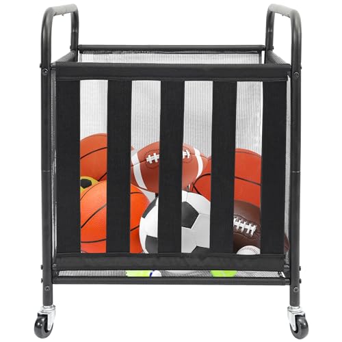 STO STO Rolling Sports Ball Storage Cart, Lockable Basketball Cage with Elastic Straps, Sport Equipment Holder Organizer for Indoor Outdoor, Steel Storage Rack for Playgroud and Gym, 1 Pack