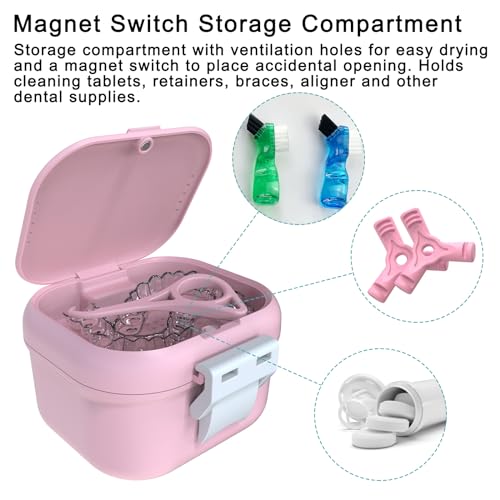ARGOMAX Leak Proof Denture Bath Cup, Portable Soaking Denture Box, Denture Bath Case with Strainer, for Dentures and Braces, Upgraded Version with Storage Compartment (Pink + White).