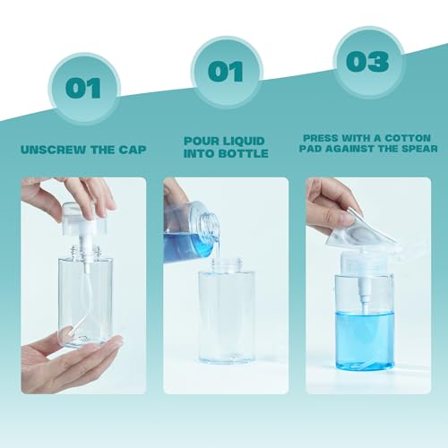 3 Pack Push Down Pump Dispenser,Clear Push Top Empty Bottles with DIY Stickers for Alcohol,Nail Polish,Makeup Remover,Toner (200ml)