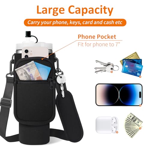 AceTreker Water Bottle Carrier Bag for Stanley 30/40oz Tumbler with Handle Simple Modern Sleeve Holder with Strap & 2 Pockets Neoprene Metal Travel Coffee Mug Carrying Accessories-Black