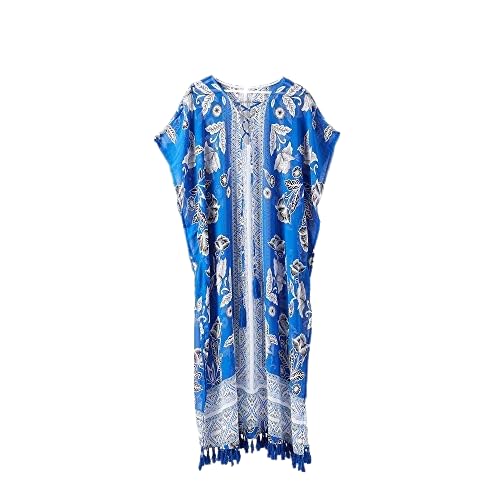 Hadley Wren Women's Standard Lightweight Kimono Everyday and/or Swimsuit Cover, Indigo Fringe Kaftan, One Size