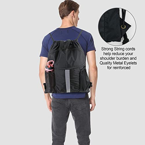 BeeGreen Orange Drawstring Backpack Bag with Shoe Compartment X-Large Black Gym Sports String Cinch Backpack Athletic Sackpack with Front Inside Zipper Pockets