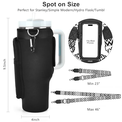 LOKASS Water Bottle Holder with Strap for Stanley Cup 40 oz Tumbler with Handle, Personalized Initial, Water Bottle Carrier Bag with Phone Pocket & Carabiner for Stanley Cup Accessories