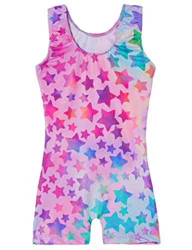 Gymnastics Leotards for Girls 4t 5t Sparkly Hotpink Purple Stars Sleeveless Biketard with Shorts Workout Unitards