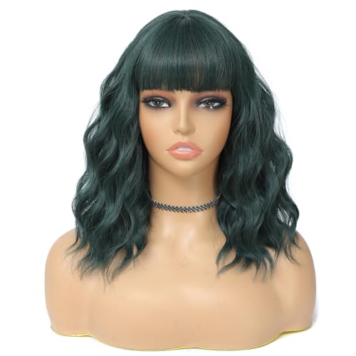 BEAUTIFA Dark Green Wig with Bangs for Women 14 Inch Shoulder Length Green Wigs Short Bob Wavy Curly Wig Heat Resistant Synthetic Colorful Wig