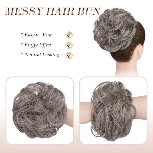 FESHFEN Messy Bun Hair Piece - Large Wavy Curly Elastic Hair Bun Scrunchies Ponytail Extensions Synthetic Chignon Hairpieces for Women, Salt and Pepper 1.94oz