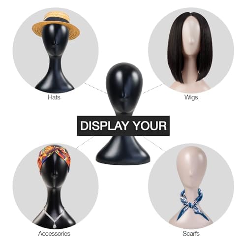 16 Inch Studio Limited Professional Plastic Mannequin Head Durable Wig Head Stand Torso Styling Making Display Holder with Jack for Wigs, Hat, Mask, Headdress (Black 1 + 3 Pcs Wig Band Set)