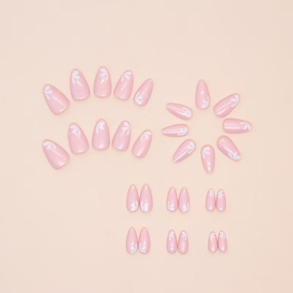 30Pcs Gold Glitter Press on Nails Pink Fake Nails Short Almond False Nails with Design Flower Glue on Nails Glossy Artificial Acrylic Full Cover Shiny Stick on Nails for Women Nail Art Decoration