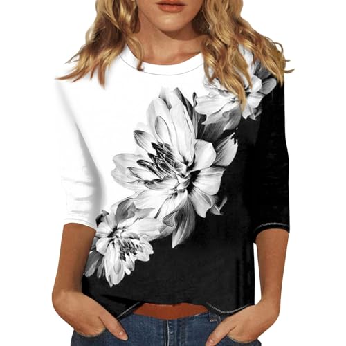 2024 Floral Printed Tops for Women Trendy 3/4 Sleeve Shirts Loose Fit Casual Dressy Blouses Soft Color Block Tees