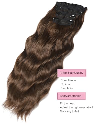 Blonde Hair Extensions, 20inch 4PCS Long Wavy Curly Clip in Hair Extensions Natural Soft Synthetic Hairpieces for Women (Chocolate Brown)