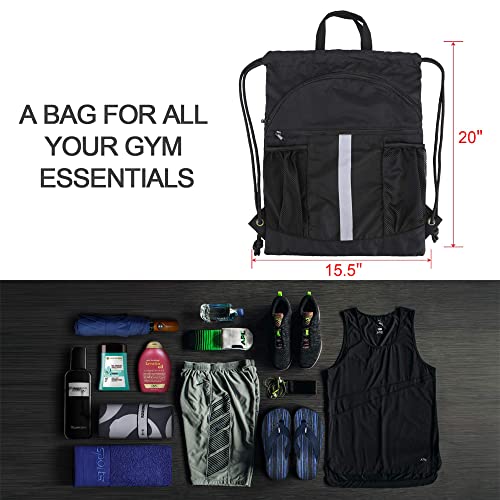 BeeGreen Orange Drawstring Backpack Bag with Shoe Compartment X-Large Black Gym Sports String Cinch Backpack Athletic Sackpack with Front Inside Zipper Pockets