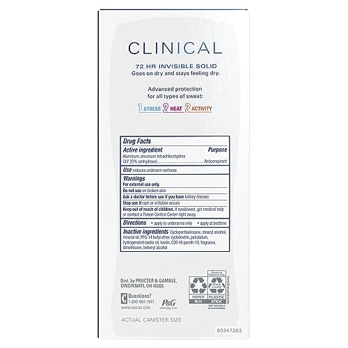 Secret Clinical Strength Antiperspirant Deodorant for Women, 3X Stress Protection, 72hr Sweat & Odor Protection, PH Balancing Minerals, Invisible Solid, Powder Protection Scent, 2.6 oz