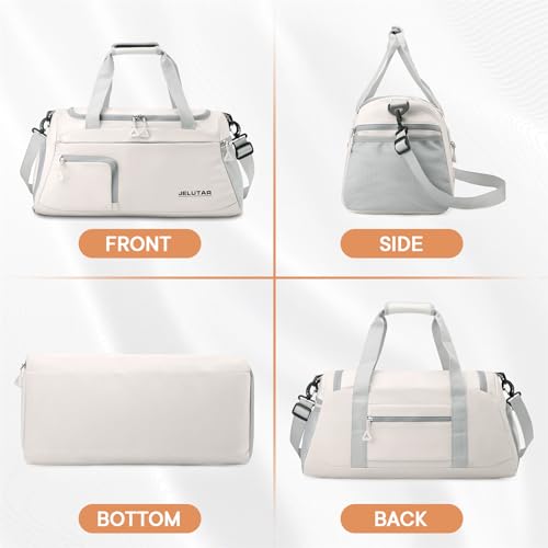 Gym Duffle Bag for Women - JELUTAR Small Carry on Travel Tote Bags Weekender Bags for Personal Item/Sports Gear with Shoe Compartment&Wetproof Pocket (Beige)