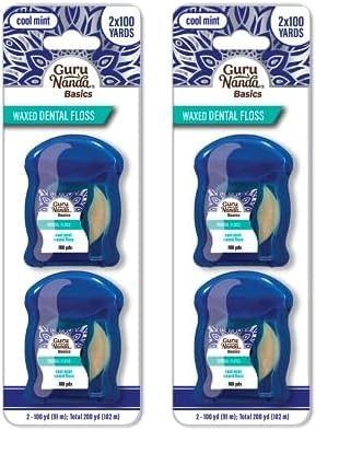 GuruNanda Waxed Dental Floss Tape - Smooth Glide for Sensitive Gums and Teeth - Cool Mint Flavor - 2x100 Yards - Pack of 4