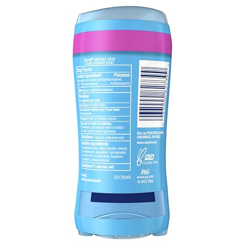 Secret Antiperspirant and Deodorant for Women, 24hr Sweat & Odor Protection, PH Balanced Protection, Gentle on Skin, Invisible Solid, Clean Lavender Scent, 2.6 oz (Pack of 2)