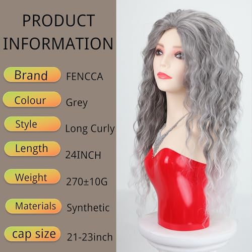 Fencca Grey Long Curly Wig Synthetic Mixed Gray Wave hair for Women Free Part Full Layered Long Wavy Grey Wig