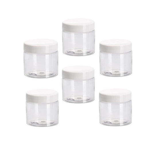 6 Pack 2 oz Plastic Pot Jars Round Clear Leak Proof Plastic Cosmetic Container Jars with White Lids for Travel Storage Make Up, Eye Shadow, Nails, Powder, Paint, Jewelry (White-2 oz)