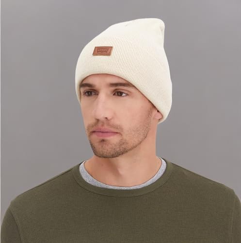 Levi's Unisex Adult All Season Comfy Leather Logo Patch Cuffed Hero Beanie Hat, Cream Solid