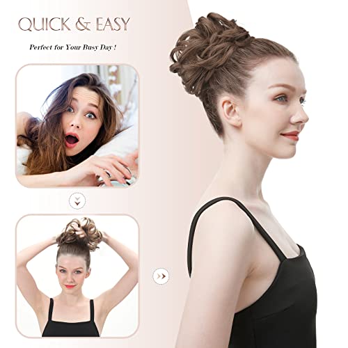 FESHFEN Messy Bun Hair Piece - Large Wavy Curly Elastic Hair Bun Scrunchies Ponytail Extensions Synthetic Chignon Hairpieces for Women, Salt and Pepper 1.94oz