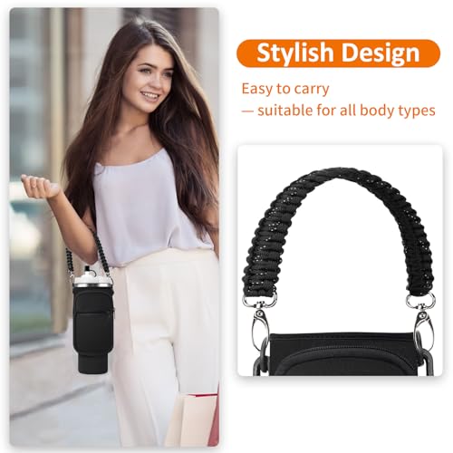 AceTreker Water Bottle Carrier Bag for Stanley 30/40oz Tumbler with Handle Simple Modern Sleeve Holder with Strap & 2 Pockets Neoprene Metal Travel Coffee Mug Carrying Accessories-Black