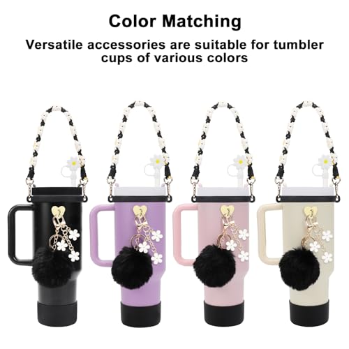 Stanley Cup Accessories Set Including Water Bottle Handle Strap, Siliocne Stanley Cup Boot, Siliocne Straw Cover, Stanley Charms for Stanley Cup 40oz & 30oz Tumbler (Almond Rose)