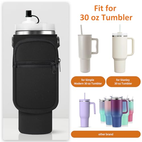 AceTreker Water Bottle Carrier Bag for Stanley 30/40oz Tumbler with Handle Simple Modern Sleeve Holder with Strap & 2 Pockets Neoprene Metal Travel Coffee Mug Carrying Accessories-Black