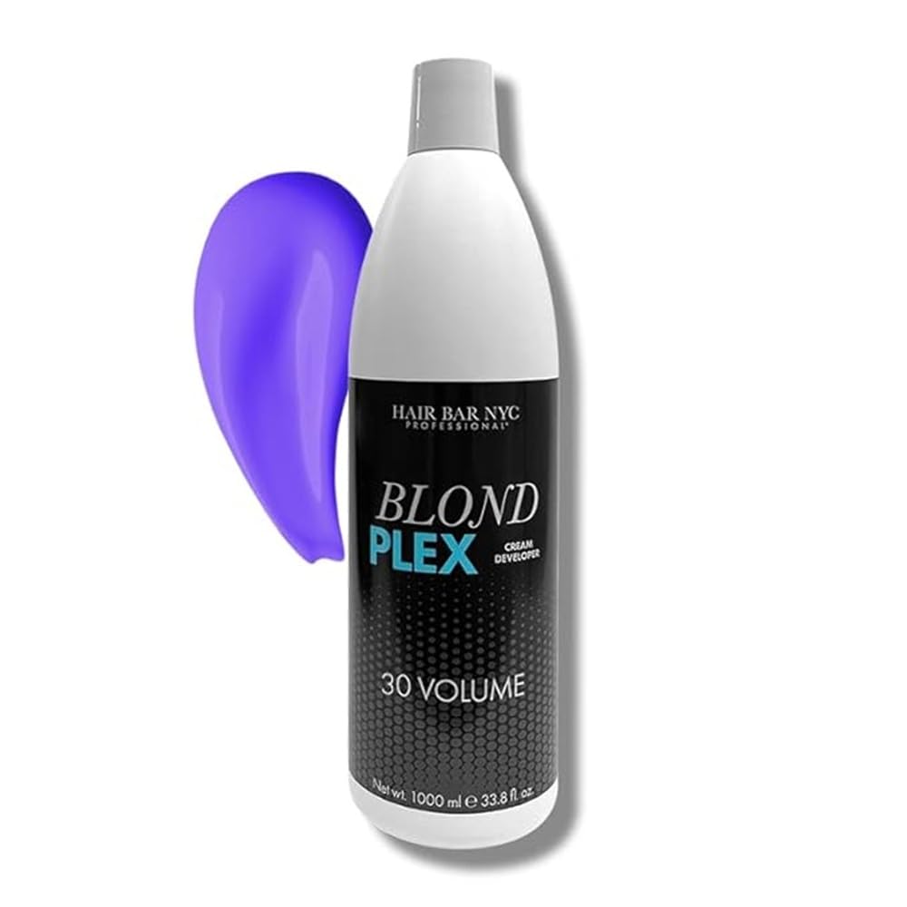 HAIR BAR NYC 30 Volume - Blond Plex Anti-Yellow Porfessional Lightening System for Charcoal Hair Bleach - Violet Peroxide Developer with Plex, Reduce Brassy, Eliminates Orange Tones 33.8oz/1lt