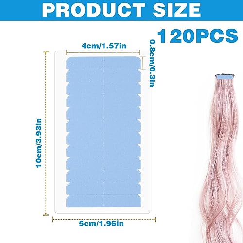 120Pcs Hair Extension Tape Double Sided Hair Tape, Adhesive Replacement Tape for Hair Extensions, Human Hair Tape Tabs Tape in Tape Extension Replacement Wig Tape, Wig Tape Beauty Tools(Blue)