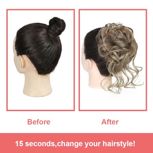 KETHBE Messy Bun Hair Piece Tousled Updo Hair Buns Extension Elastic Hair Band Hair Pieces Curly Hair Bun Scrunchie For Women (Taupe Brown Mix Dark Ash Blonde)