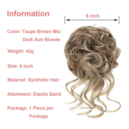KETHBE Messy Bun Hair Piece Tousled Updo Hair Buns Extension Elastic Hair Band Hair Pieces Curly Hair Bun Scrunchie For Women (Taupe Brown Mix Dark Ash Blonde)