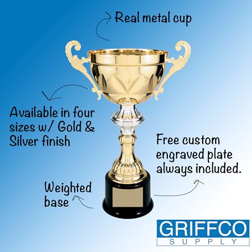 Griffco Supply Metal Cup Trophy in Gold or Silver - Trophy Award, Engraved Corporate Trophy Cup Award (10", 11.5", 13" or 14.5" Tall) - Free Engraved Plate Included (Gold, 8.75" X-Small)