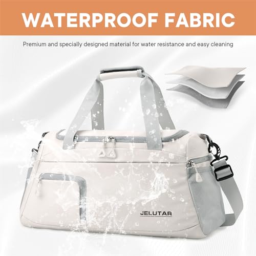 Gym Duffle Bag for Women - JELUTAR Small Carry on Travel Tote Bags Weekender Bags for Personal Item/Sports Gear with Shoe Compartment&Wetproof Pocket (Beige)