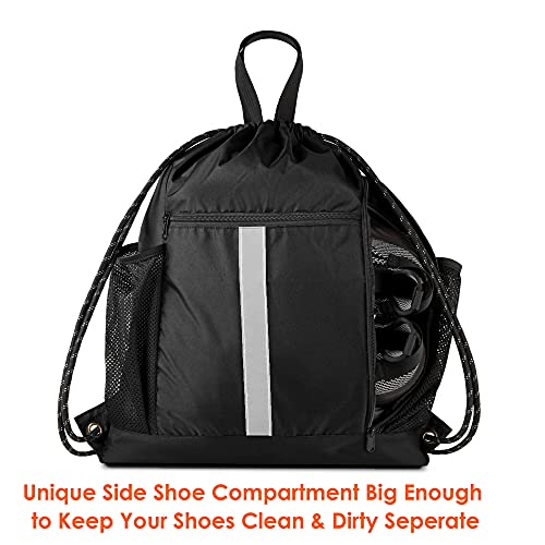BeeGreen Moss Green Drawstring Bag Pack Sport Cinch Sack with Shoe Compartment and Two Side Mesh Pockets Heavy Duty Gym String Backpack for Unisex