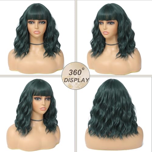 BEAUTIFA Dark Green Wig with Bangs for Women 14 Inch Shoulder Length Green Wigs Short Bob Wavy Curly Wig Heat Resistant Synthetic Colorful Wig