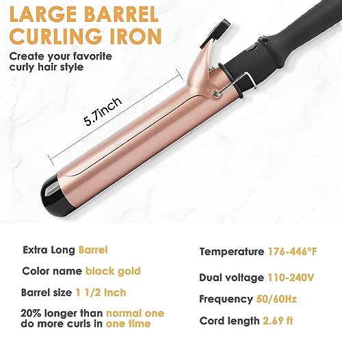 Large Ceramic Curling Wand - 1 1/2 inch Barrel with LCD Digital Temperature Control, Travel-Friendly Design with Heat-Resistant Glove - Versatile Beach Waver for Big, Bouncy Curls for Women