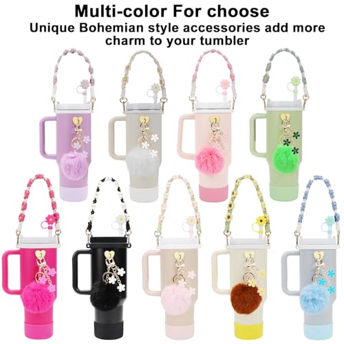 Stanley Cup Accessories Set Including Water Bottle Handle Strap, Siliocne Stanley Cup Boot, Siliocne Straw Cover, Stanley Charms for Stanley Cup 40oz & 30oz Tumbler (Almond Rose)