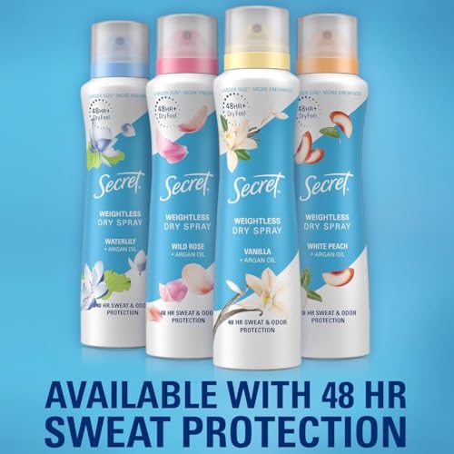 Secret Dry Spray Antiperspirant Deodorant for Women, 48hr Weightless Sweat & Odor Protection, Gentle on Skin, White Peach & Argan Oil Scent, 4.1 oz (Pack of 3)