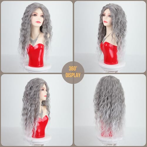 Fencca Grey Long Curly Wig Synthetic Mixed Gray Wave hair for Women Free Part Full Layered Long Wavy Grey Wig