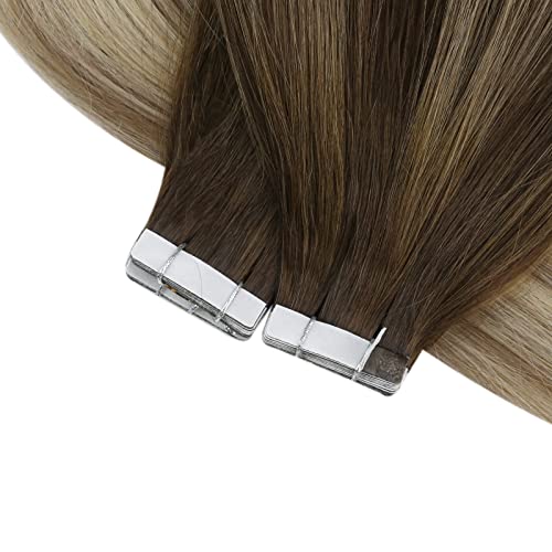 Ve Sunny Brown Tape in Hair Extensions Cool Brown Fading to Ash Brown Mix Light Blonde Tape in Hair Extensions for Women Brown Hair Extensions Short Straight Remy Hair 25g 14inch