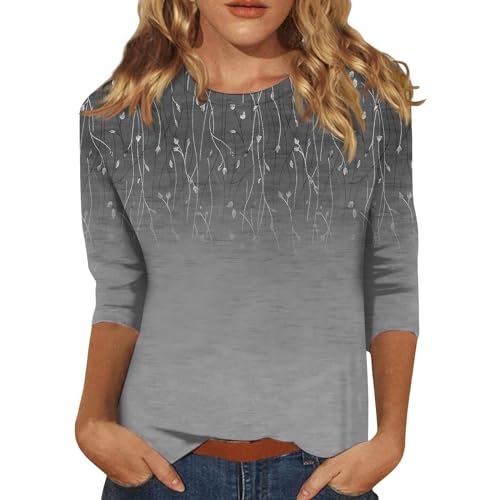3/4 Length Sleeve Womens Tops 2024 Floral Print Vintage Fashion Casual Loose with Round Neck Plus Size Shirts