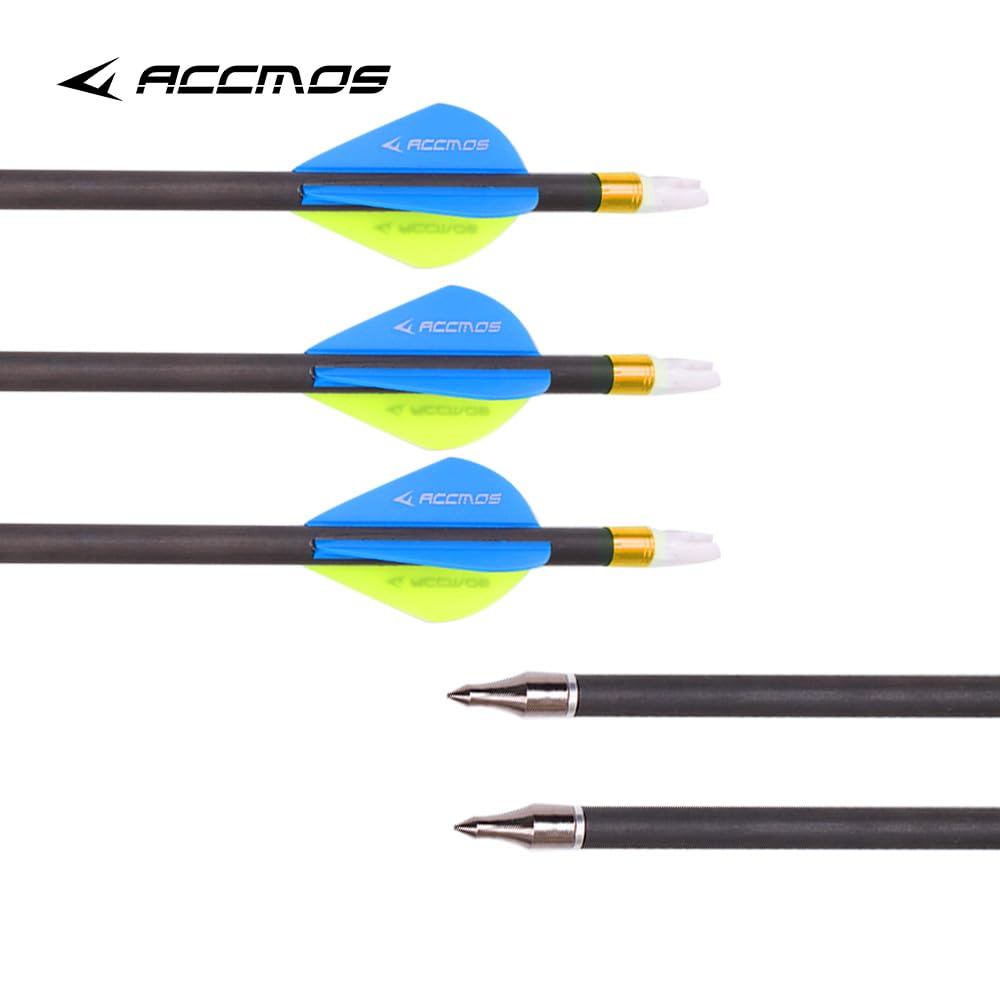 12pc 20-Inch Spine-500 Arrow Removable Tips Targeting Hunting Arrow Plastic Fletching 2 Inch Vane Carbon Arrows for Compound Bow Recurve Bow Adult Youth Archery Blue Yellow
