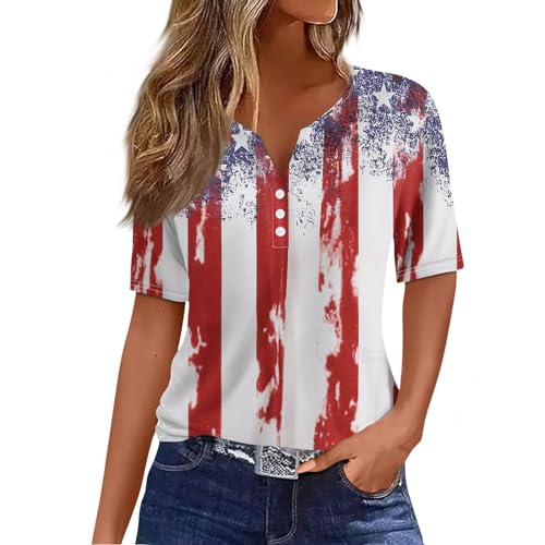 4Th of July Tops for Women, Womens Summer Tops 2024 USA Shirts for Women Sexy Casual Red White and Blue Button V Neck Short Sleeve Womens 4Th of July Outfit Summer Blouses for (Vermilion,XX-Large)