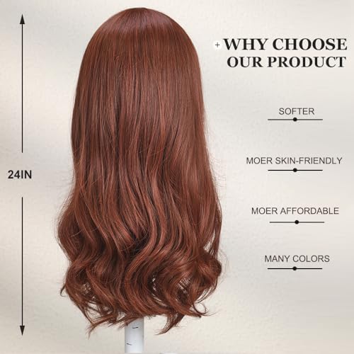 Esmee 24 Inches Long Wavy Wine Red Wigs for Women Natural Synthetic Hair Heat Resistant Wigs with Bangs for Daily Party Cosplay Use (Burgundy)